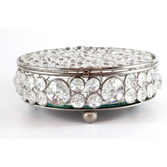Crystal Trinket Round Organizer Mirrored Jewelry Chrome Accents Keepsake Chest - Picture 7 of 8